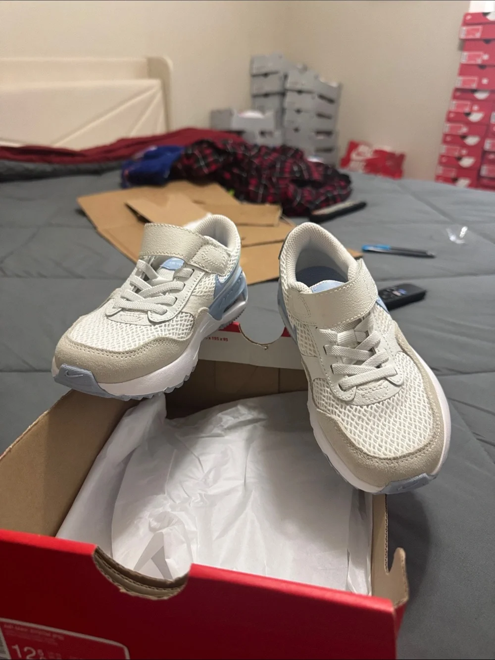 Nike Air Max System Kids White and Light Blue Velcro Athletic Sneakers